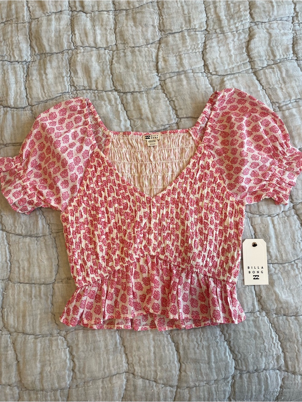 Billabong Pink Block-print Smocked Peplum Top